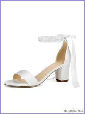 Women's Open Toe Pearl Heeled Sandals Bow Chunky Block Satin Wedding Bride Shoes